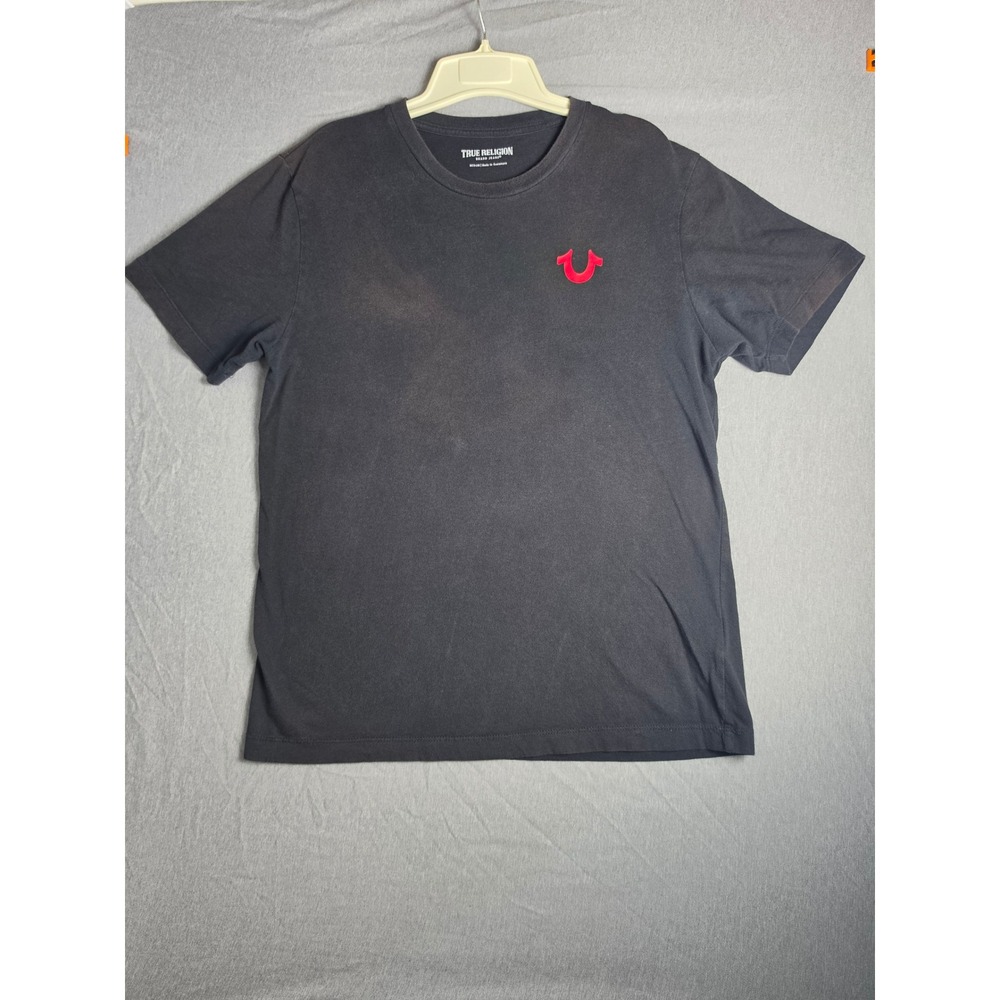 True Religion Mens World Tour Graphic T-Shirt Black Sunfaded Horseshoe Medium
